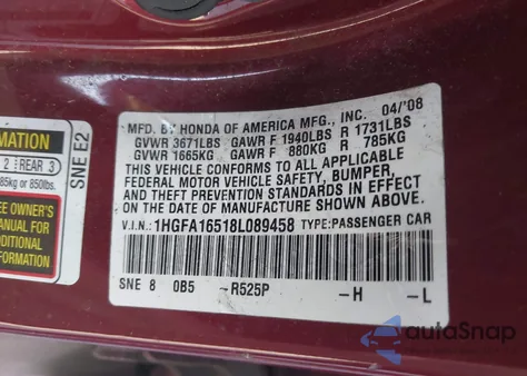2008 Honda Civic Lx z USA, uszkodzony, nr VIN 1HGFA16518L089458